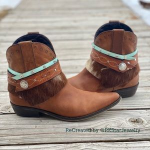 Sz 40 Saddle Tan Ankle Bootie Boots Fur Cowgirl